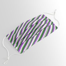 [ Thumbnail: Dark Orchid, White, Dark Gray, and Dark Green Colored Striped/Lined Pattern Face Mask ]