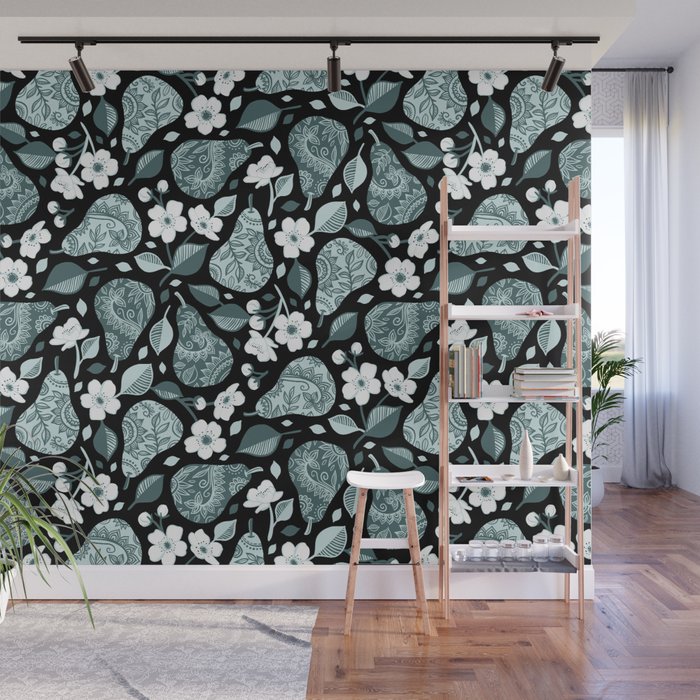 Pears and Blossoms in Pine and Mint Green Wall Mural