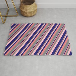 [ Thumbnail: Light Coral, Gray, Pink & Midnight Blue Colored Stripes Pattern Rug ]