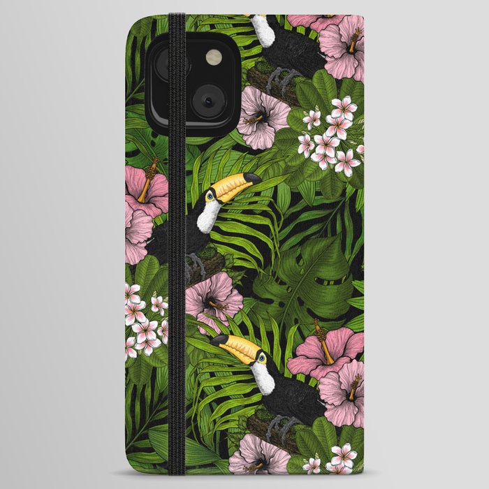 Toucans and tropical flora, green and pink iPhone Wallet Case