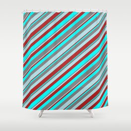 [ Thumbnail: Gray, Powder Blue, Red & Cyan Colored Stripes Pattern Shower Curtain ]