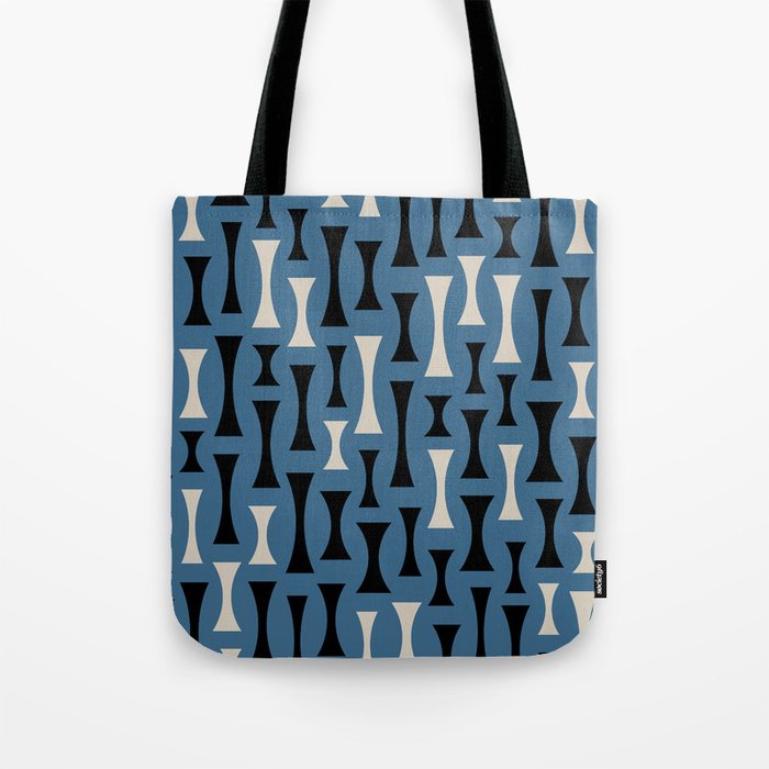 Retro Mid Century Modern Abstract Pattern 621 Blue Black and Linen White Tote Bag