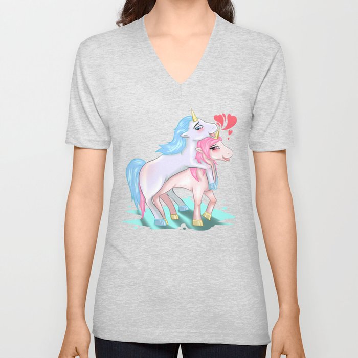 Unicorns Making Love Sex Fucking Mating Horny Gift V Neck T Shirt