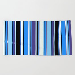 [ Thumbnail: Vibrant Light Sky Blue, Mint Cream, Dark Slate Blue, Blue & Black Colored Lines Pattern Beach Towel ]