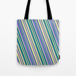 [ Thumbnail: Teal, Purple, and Tan Colored Lines Pattern Tote Bag ]