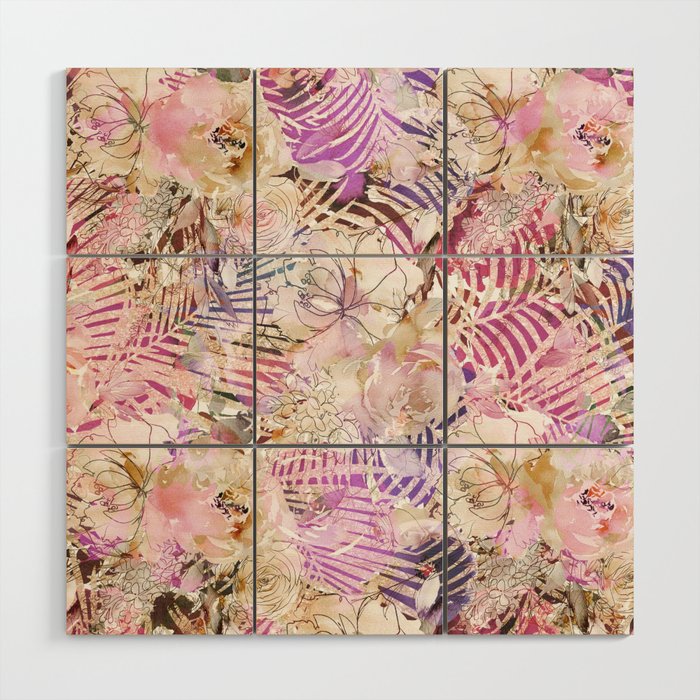 Colorful summer pink purple ivory watercolor flowers Wood Wall Art
