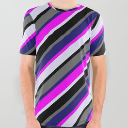 [ Thumbnail: Colorful Fuchsia, Lavender, Black, Dim Grey & Midnight Blue Colored Stripes/Lines Pattern All Over Graphic Tee ]