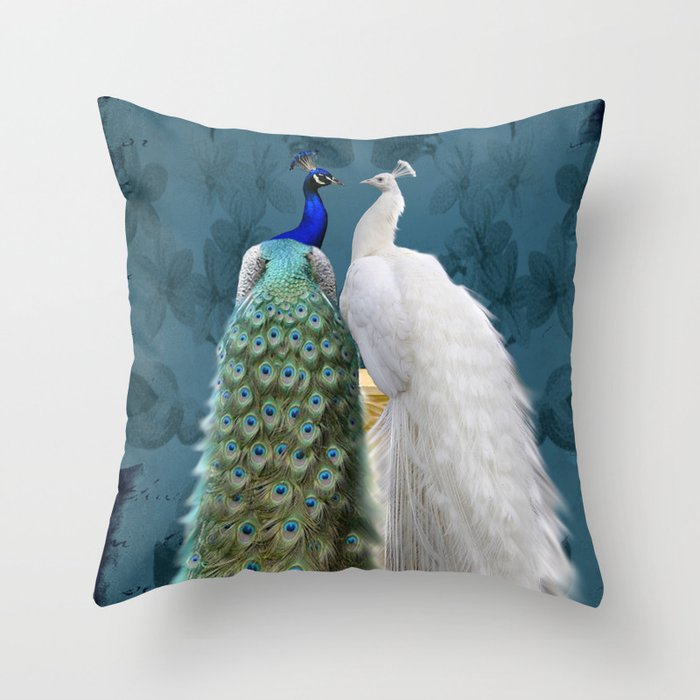 White Peacock and Blue Peacock Bird A732 Throw Pillow