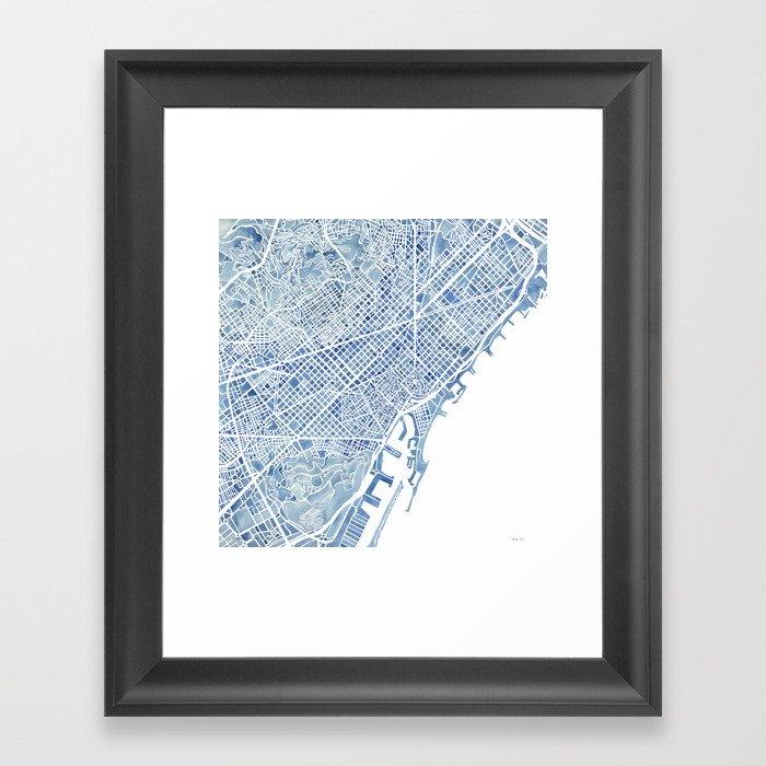 Barcelona Blueprint Watercolor City Map Framed Art Print