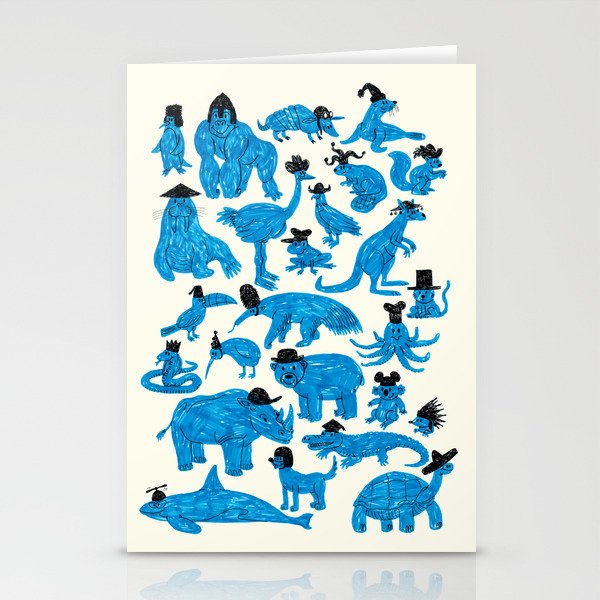 Blue Animals Black Hats Stationery Cards