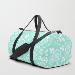 Seafoam And White Eastern Floral Pattern Duffle Bag