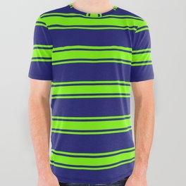[ Thumbnail: Midnight Blue and Green Colored Lines Pattern All Over Graphic Tee ]