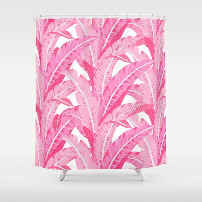 Pink banana leaves tropical pattern on white Shower Curtain