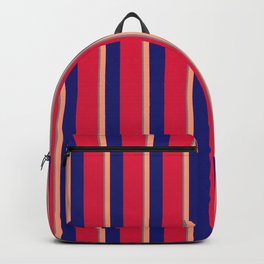[ Thumbnail: Gray, Light Salmon, Midnight Blue, and Crimson Colored Stripes Pattern Backpack ]