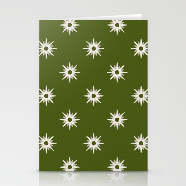 Green atomic mid century white stars pattern Stationery Cards