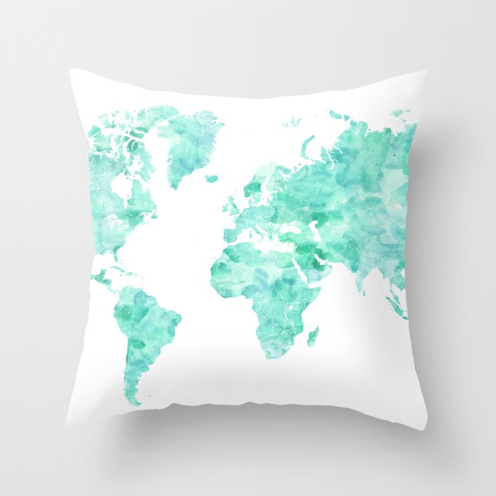 Teal aquamarine watercolor world map Throw Pillow