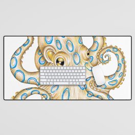 Blue Ring Octopus on White Nautical Art Desk Mat