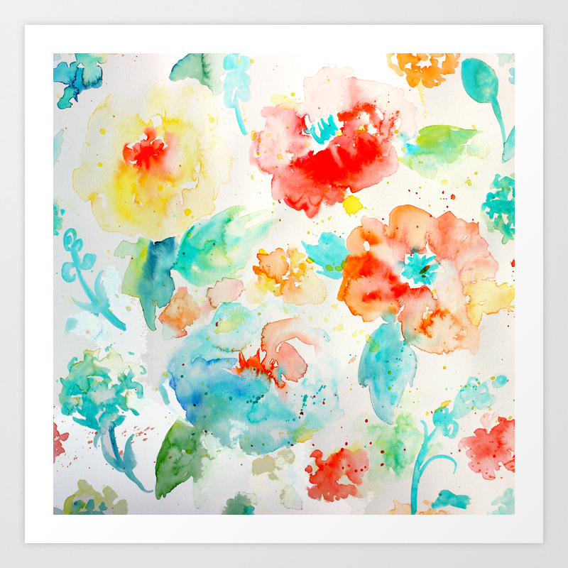 Watercolor Abstract Floral Pattern Red Orange Blue Art Print By