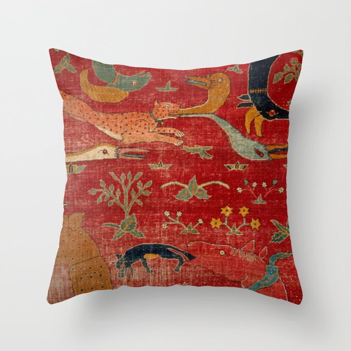 Animal Grotesques Mughal Carpet Fragment Digital Painting Throw Pillow