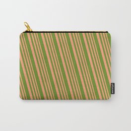 [ Thumbnail: Light Salmon & Green Colored Lined Pattern Carry-All Pouch ]