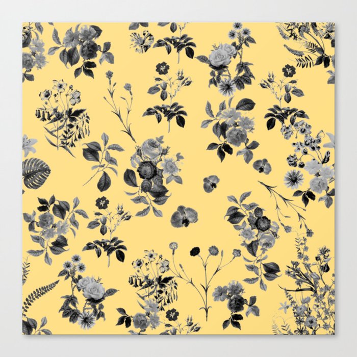 Black and White Floral on Yellow Canvas Print