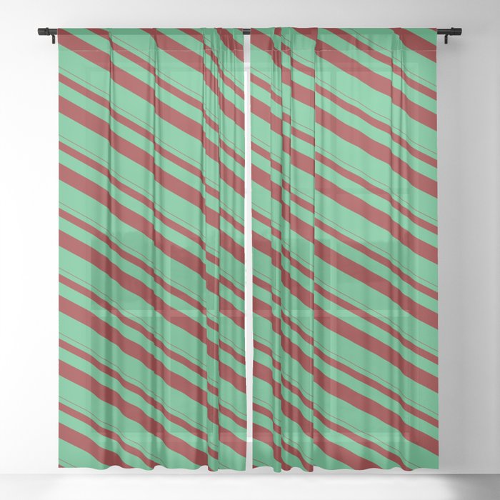 Maroon & Sea Green Colored Striped Pattern Sheer Curtain