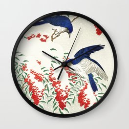 Vintage japanese print of Flycatchers Wall Clock
