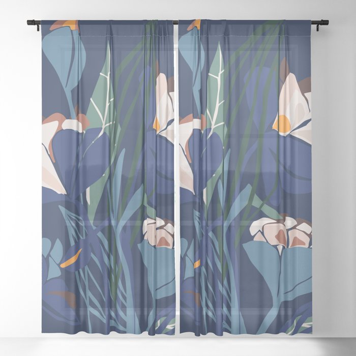 Outside at night – modern floral illustration Sheer Curtain