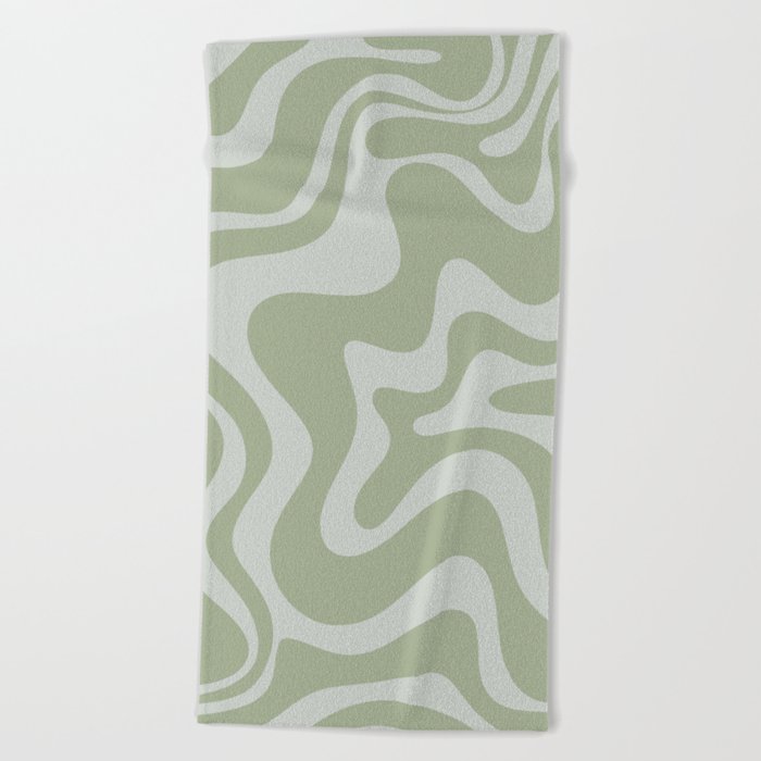Liquid Swirl Retro Abstract Pattern in Sage Green and Light Sage Gray Beach Towel