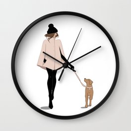 Brunette Walking the Dog Illustration Wall Clock