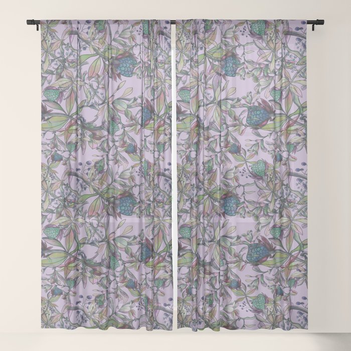 Watercolor Purple Blue Floral Leaf Pattern Sheer Curtain By
