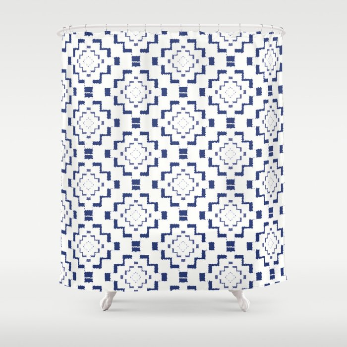 Rough Geometric Aztec Print Navy Blue Shower Curtain By