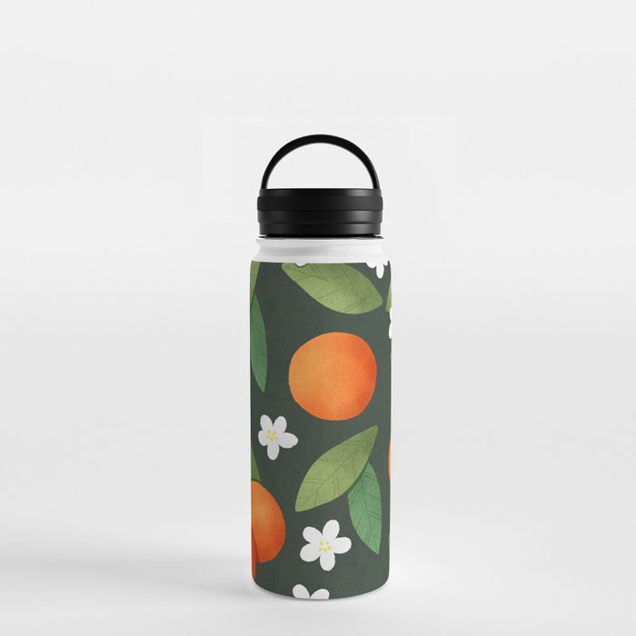 Oranges, Green Leaves and White Flowers Pattern Water Bottle