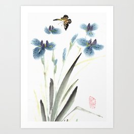 Oriental style - Butterfly on flowers Art Print
