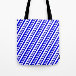 [ Thumbnail: Blue & White Colored Striped/Lined Pattern Tote Bag ]