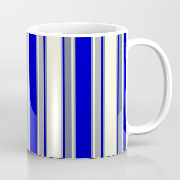 Beige, Dark Grey, Blue, and Slate Gray Colored Pattern of Stripes Coffee Mug