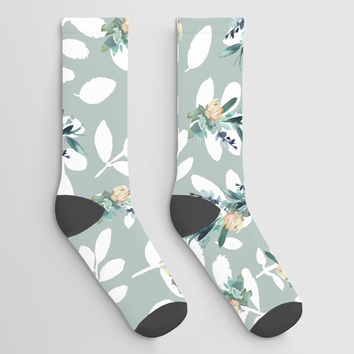 Abstract white mint green yellow watercolor cactus floral Socks