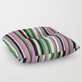 [ Thumbnail: Eyecatching Black, Hot Pink, Gray, White, and Forest Green Colored Stripes/Lines Pattern Floor Pillow ]