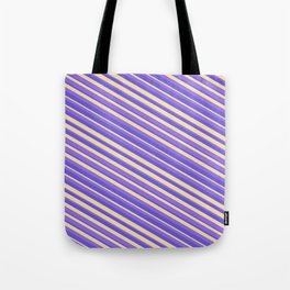 [ Thumbnail: Purple, Slate Blue, and Tan Colored Striped Pattern Tote Bag ]