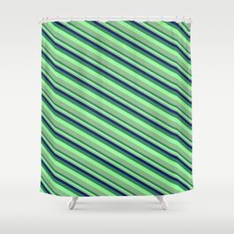 [ Thumbnail: Midnight Blue, Sea Green, Green & Dark Sea Green Colored Stripes Pattern Shower Curtain ]