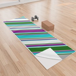[ Thumbnail: Colorful Grey, Purple, Dark Turquoise, Mint Cream & Dark Green Colored Pattern of Stripes Yoga Towel ]