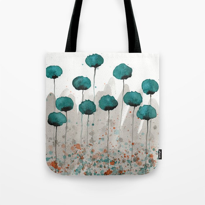 Teal and Gray Poppies Tote Bag