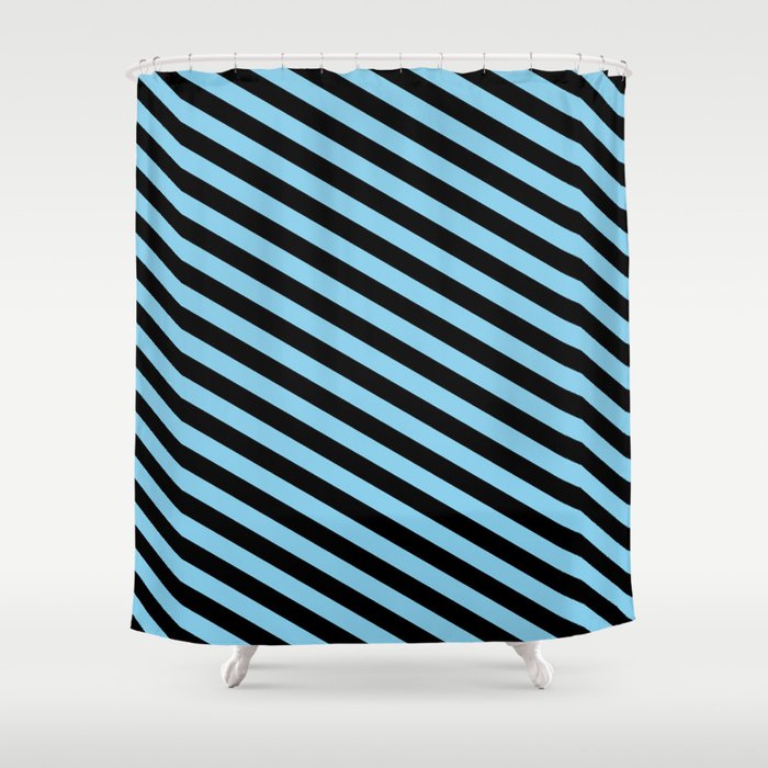 Black and Sky Blue Colored Lined Pattern Shower Curtain