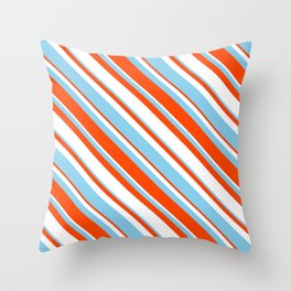 [ Thumbnail: Sky Blue, Red & White Colored Stripes/Lines Pattern Throw Pillow ]