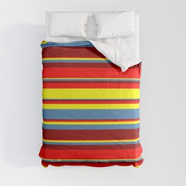 [ Thumbnail: Red, Yellow, Blue & Dark Red Colored Stripes/Lines Pattern Comforter ]