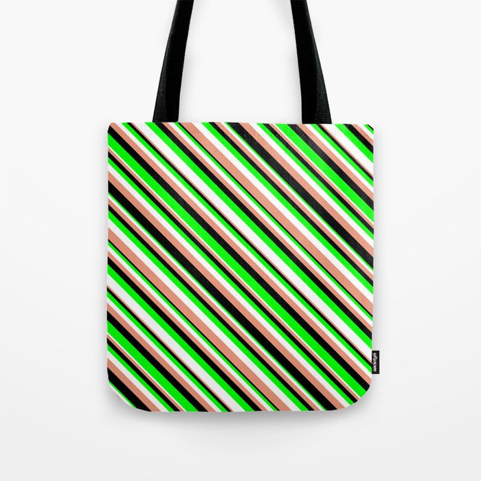 Lime, White, Dark Salmon, and Black Colored Pattern of Stripes Tote Bag