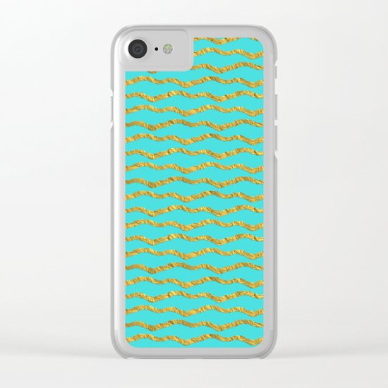 Golden waves - Abstract geometrical pattern on aqua backround Clear iPhone Case