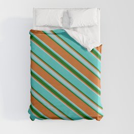 [ Thumbnail: Turquoise, Dark Green, Chocolate & Powder Blue Colored Lines Pattern Duvet Cover ]