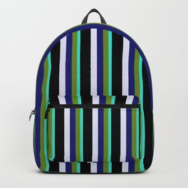 [ Thumbnail: Eye-catching Turquoise, Green, Midnight Blue, Lavender, and Black Colored Striped Pattern Backpack ]