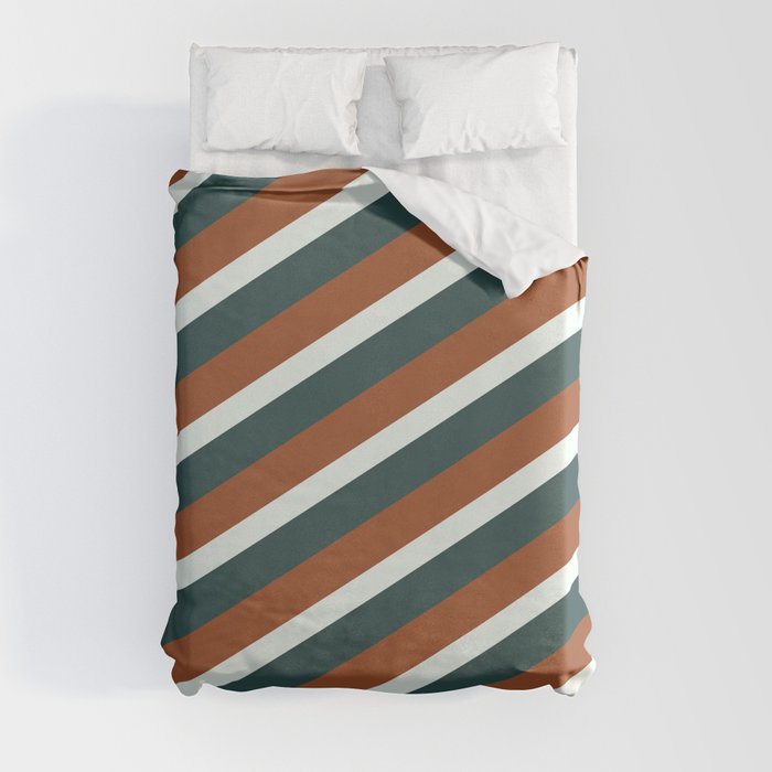 Dark Slate Gray, Sienna, and Mint Cream Colored Pattern of Stripes Duvet Cover